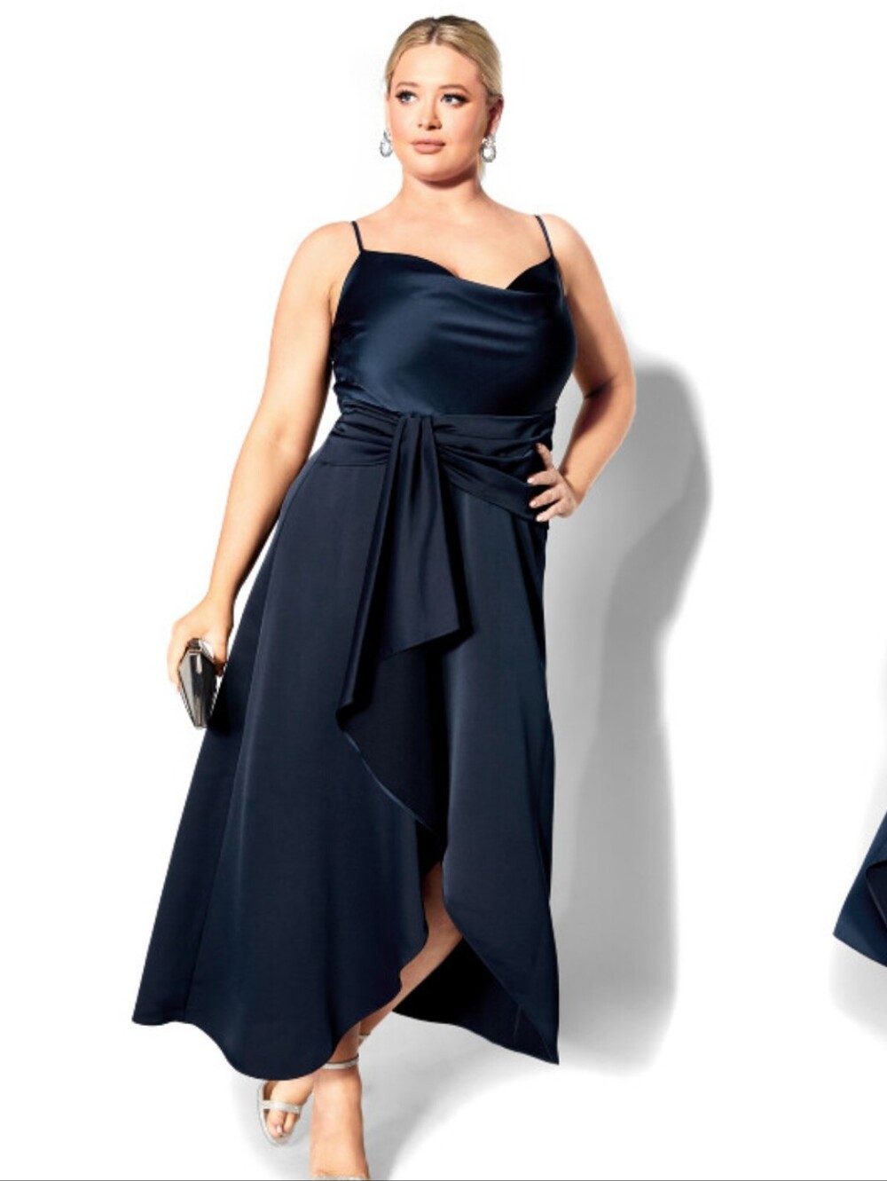 City Chic NEW Size 12: Navy Satin Draped Midi Dress with Waist Tie